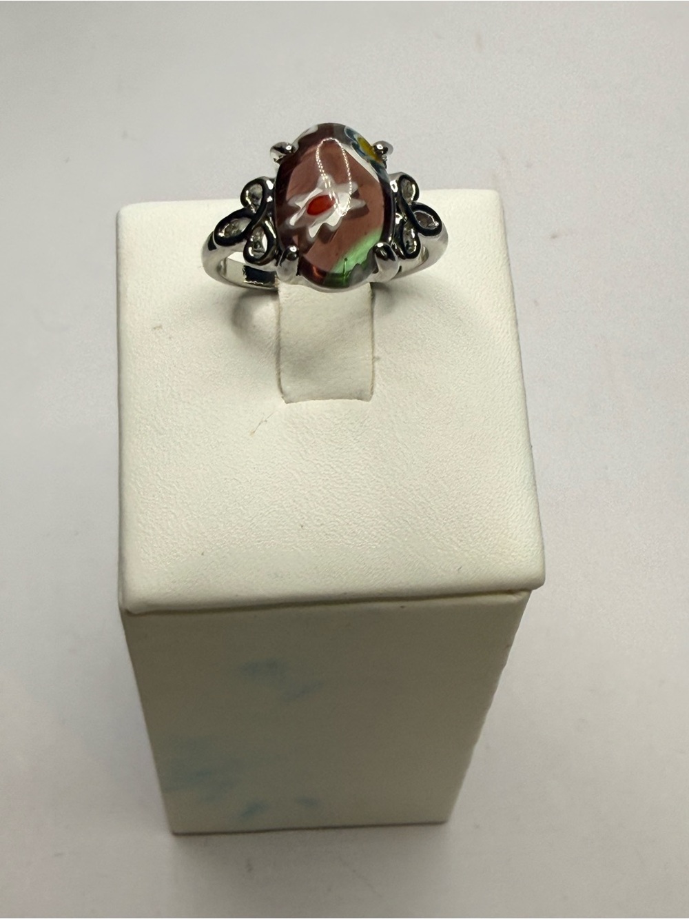 New Millefiori  Style Glass Silver-Tone Ring Size 9